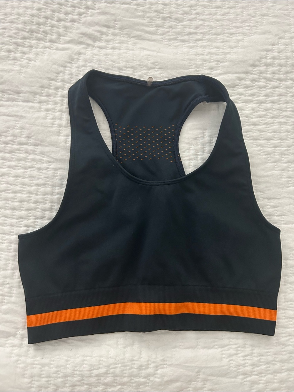 The Upside Black Sports Bra and leggings with Orange Stripe